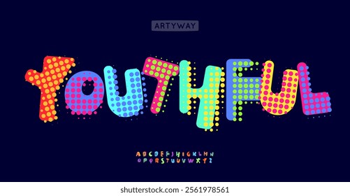 Funny Dotted Alphabet, playful comic book letters with vibrant dots, halftone font for youthful headline, logo, branding, typography, colorful cheerful style. Vector typeset.