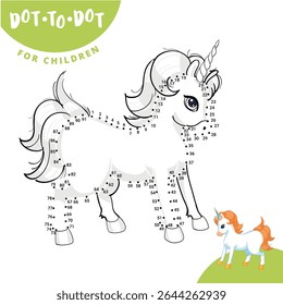 Funny dot-to-dot game with a cute unicorn. Connect the dots to complete the outline. Vector educational worksheet for kids. Great for preschool learning, coloring, and number practice.