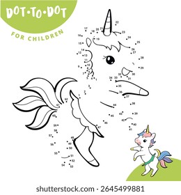 Funny dot-to-dot game with a cute unicorn. Connect the dots to complete the outline. Vector educational worksheet for kids. Great for preschool learning, coloring, and number practice.