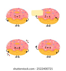 Conjunto de pacotes de caracteres engraçado Doughnut. Desenhado à mão vetor estilo doodle desenho de ícone de ilustração de personagem de desenho animado. Coleção de personagens de mascote de Donut Bonito