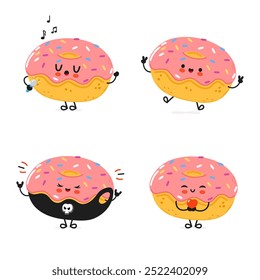 Conjunto de pacotes de caracteres engraçado Doughnut. Desenhado à mão vetor estilo doodle desenho de ícone de ilustração de personagem de desenho animado. Coleção de personagens de mascote Bonito Doughnut