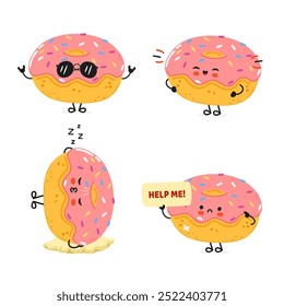 Conjunto de pacotes de caracteres engraçado Doughnut. Desenhado à mão vetor estilo doodle desenho de ícone de ilustração de personagem de desenho animado. Coleção de personagens de mascote Bonito Doughnut