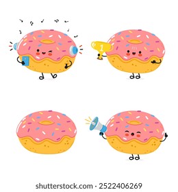 Conjunto de pacotes de caracteres engraçado Doughnut. Desenhado à mão vetor estilo doodle desenho de ícone de ilustração de personagem de desenho animado. Coleção de personagens de mascote Bonito Doughnut