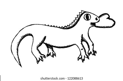 Funny dragon bring heart in his mouth, sketch vector