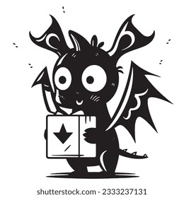 A funny dragon came to the holiday with a gift. Cartoon character. Friendship. Happy Birthday. Comics. Black and white colors. Logo. 