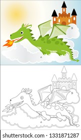 Funny dragon cartoon breathing fire with a castle in sky, coloring book or page