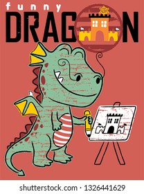 funny dragon cartoon drawing a castle in canvas
