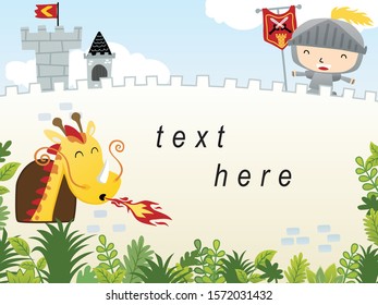 Funny dragon cartoon with little knight in castle. Template with fairytale elements illustration