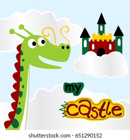 Funny dragon with castle on clouds, vector cartoon illustration