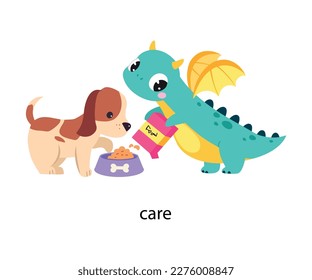 Funny Dragon Character Caring of Dog Pet Demonstrating English Verb Vector Illustration