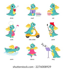 Funny Dragon Character and English Verbs Learning Vector Set