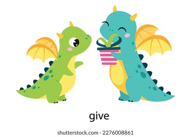 Funny Dragon Character Giving Gift Box Demonstrating English Verb Vector Illustration