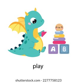 Funny Dragon Character Playing Toys Demonstrating English Verb Vector Illustration