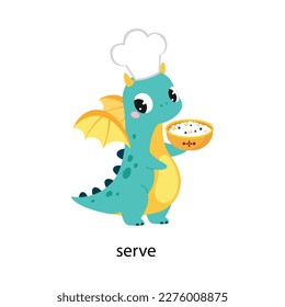 Funny Dragon Character Serving Dish Demonstrating English Verb Vector Illustration