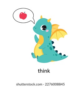 Funny Dragon Character Thinking of Apple Demonstrating English Verb Vector Illustration