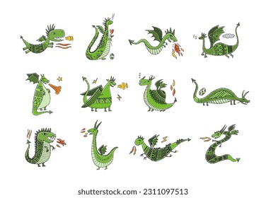 Funny Dragon characters isolated on white. Symbol of Chinese New Year 2024. Dragon Icons set for your design