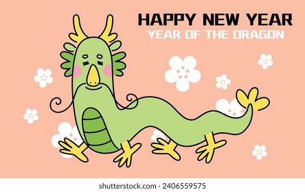 Funny dragon chinese new year 2024 card with plum blossoms background. 