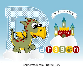 Funny dragon with colorful castle on cloud, vector cartoon illustration, fairytale element