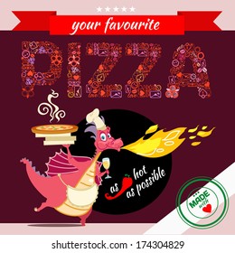 The funny dragon cooking tasty pizza. Vector illustration with cute cartoon character.