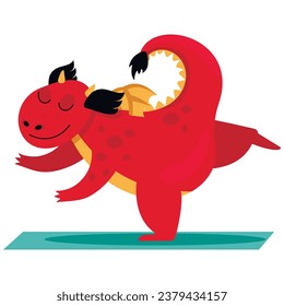 Funny dragon does yoga. Meditation. Vector graphic.