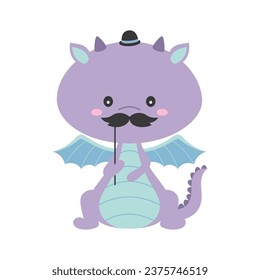 dragón gracioso vestido para el carnaval o disfraces de máscaras, animal colorido lindo con bigote y sombrero top para el feliz día del padre, papel infantil, dibujos animados de diseño plano