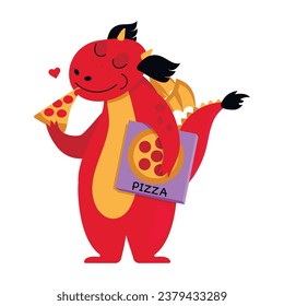 Funny dragon eats a piece of pizza and holds a box of pizza. Vector graphic.
