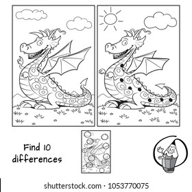 Funny dragon. Find 10 differences. Educational matching game for children. Cartoon vector illustration