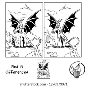 Funny dragon. Find 10 differences. Educational matching game for children. Black and white cartoon vector illustration