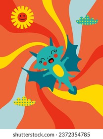 Funny dragon fly in the sky vector graphic poster. Year of the Dragon 2024 cartoon character. Great design for any purpose.