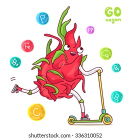 Funny  dragon fruit rides a scooter. Around vitamins. Vegetarianism. Vector illustration on white background.
