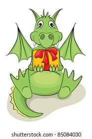 Funny dragon with a gift