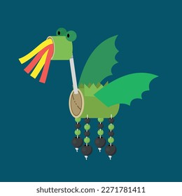 Funny dragon hanging on a rope with a cross. Vector illustration