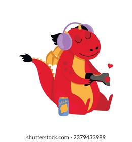 Funny dragon in headphones with a joystick plays a video game. Vector graphic.