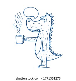 Funny Dragon Holding A Cup Of Hot Coffee Or Tea. Sketch Vector Illustration.