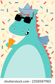 Funny dragon with ice cream on a yellow background. Scandinavian flat style animal. Doodle summer vector illustration.