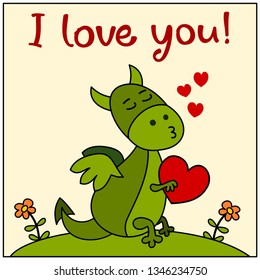 Funny dragon with kiss and heart in hands, text I love you - Valentines day card