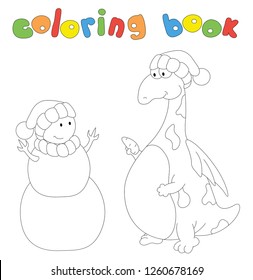Funny dragon is making a snowman. Winter, Christmas and New Year coloring book for kids. Digital illustration