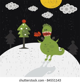 Funny dragon new year card. Background in vector.