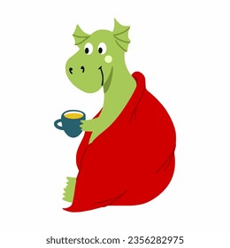 Funny dragon in plaid and with cup tea. symbol of new year 2024. Sticker for postcard.
