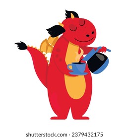 Funny dragon pours hot coffee into a mug. Vector graphic.