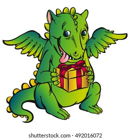 Funny dragon with present; RGB EPS 10 vector illustration