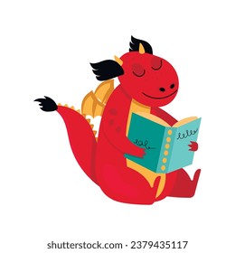 Funny dragon sits and reads a book. Vector graphic.