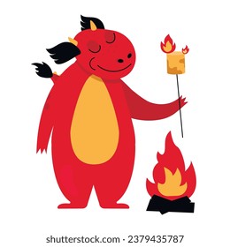 Funny dragon stands by the fire and roasts marshmallows. Vector graphic.