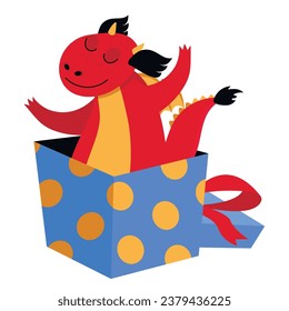 Funny dragon stands in a large gift box. Congratulations. Vector graphic.