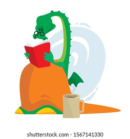funny dragon wrapped in a blanket reading a book vector illustration