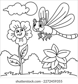 Funny dragonfly cartoon characters vector illustration. For kids coloring book.