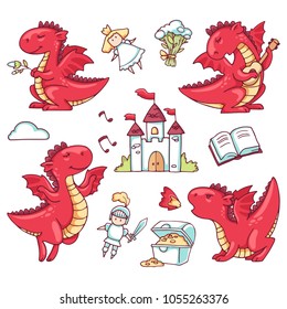 Funny dragons colored vector doodle set.