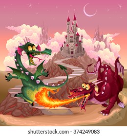 Funny dragons in a fantasy landscape with castle. Cartoon vector illustration