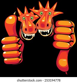 Funny dragons showing thumbs up and down. Body hidden in the dark. Black background.