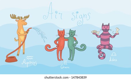 Funny drawing of Air zodiac symbols - Aquarius, Gemini and Libra. One of a set. Vector illustration.